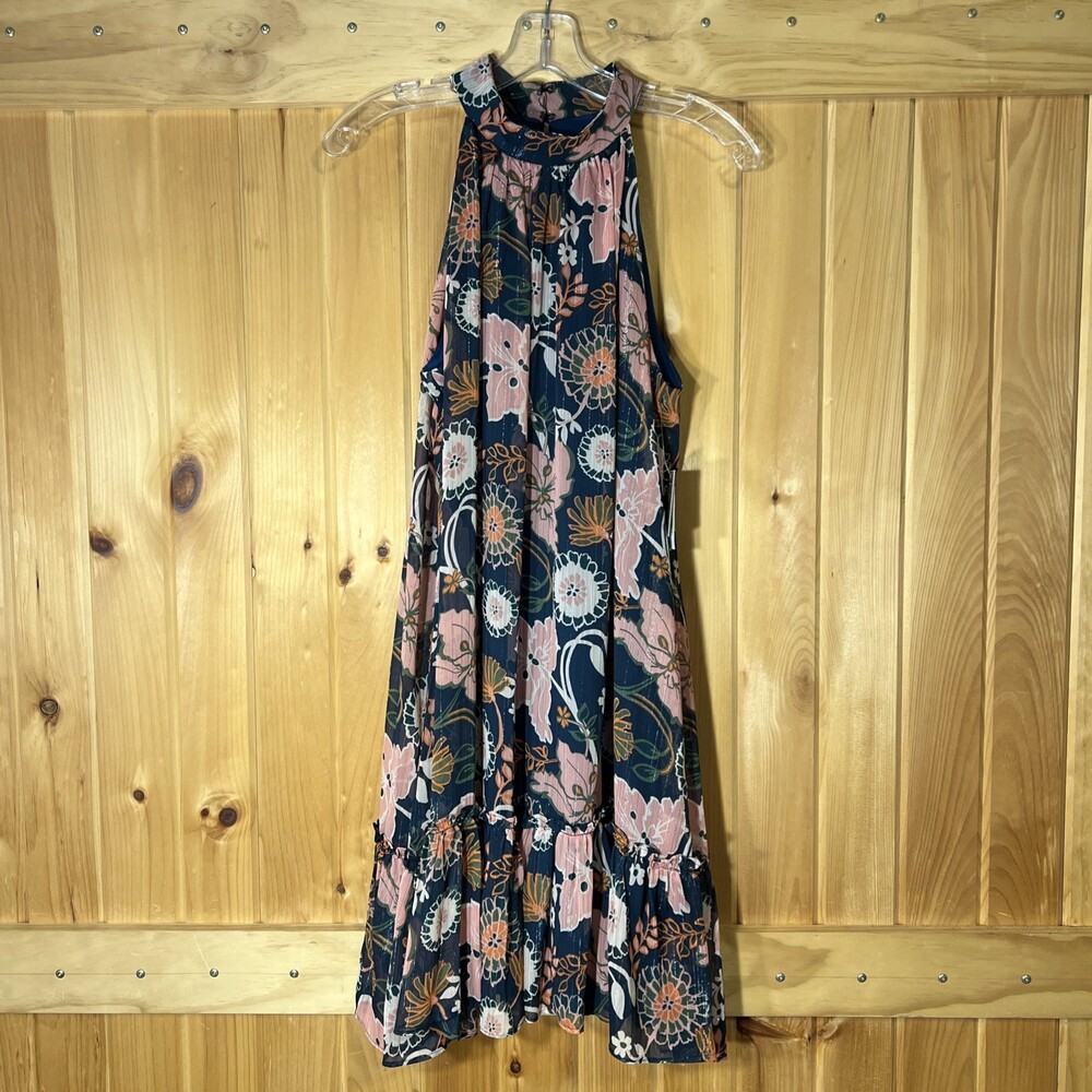 NWT Melonie T High Halter Neck Dress Size 8 Floral Blue Pink Lined